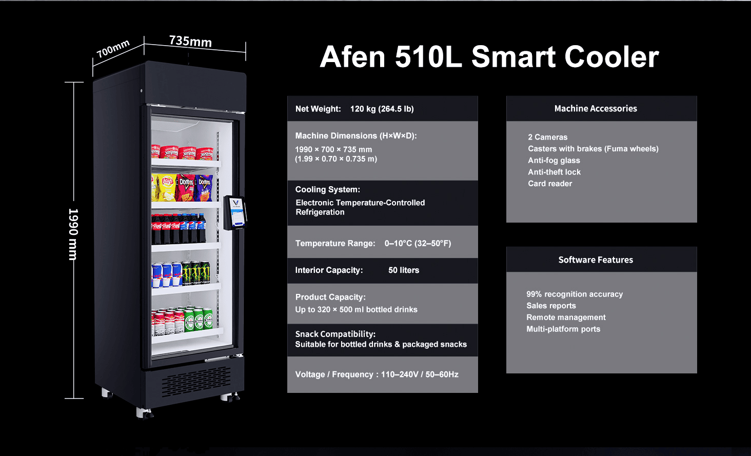 Mesin Penjual Otomatis AFEN Smart Cooler AI 510L: Dimensi dan Kapasitas Kapasitas penyimpanan berdensitas tinggi dari mesin penjual otomatis AFEN AI memaksimalkan ROI ritel dalam ukuran yang ringkas.