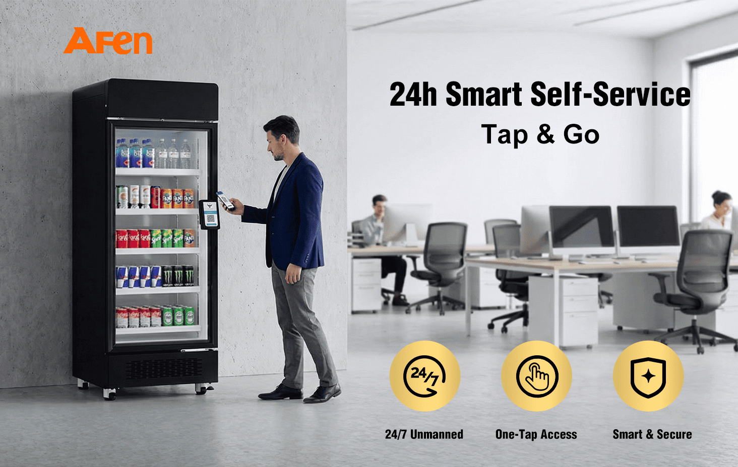 AFEN Smart Cooler 510L Hero Scene Pendingin pintar AFEN 510 menyediakan solusi ritel tanpa pengawasan 24/7 yang serbaguna untuk kantor dan pusat kebugaran.
