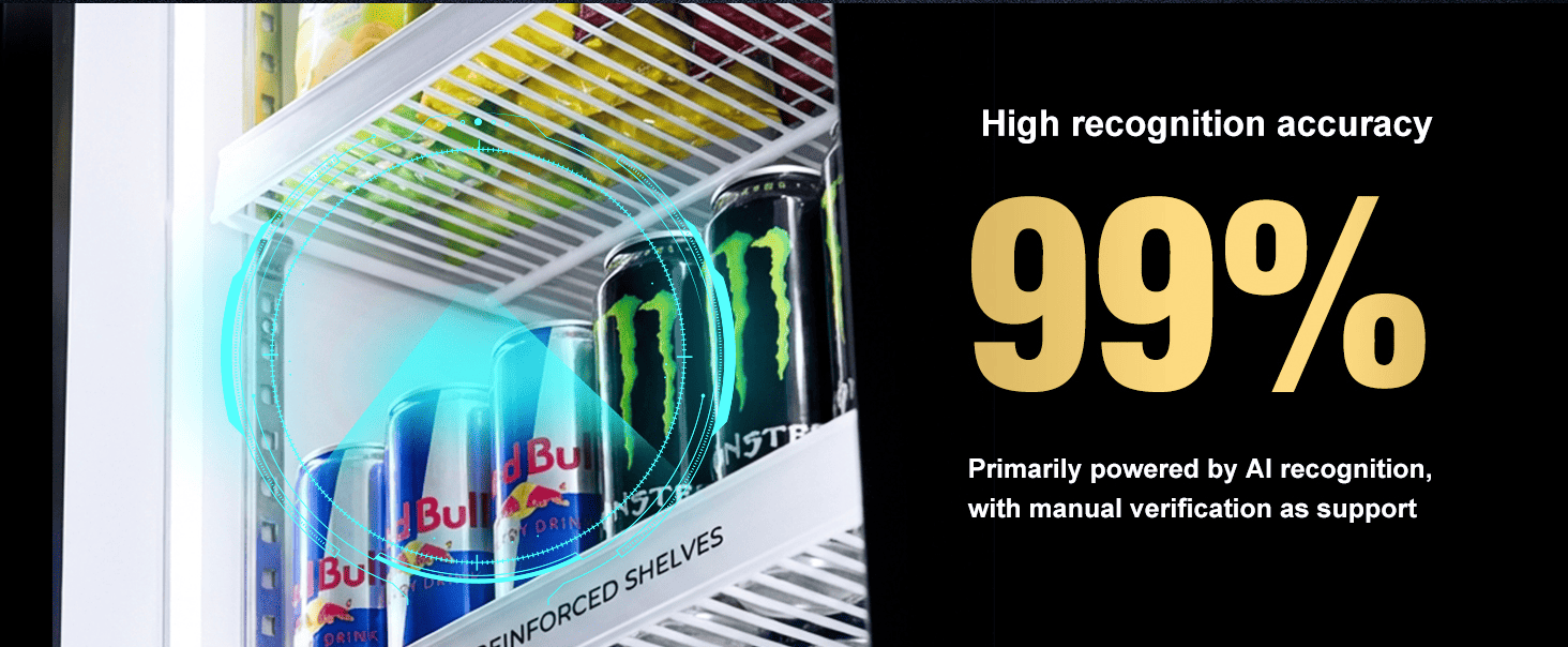 AFEN Smart Cooler Mesin Penjual Otomatis AI dengan Akurasi Pengenalan AI Akurasi pengenalan 99% melalui visi AI kamera ganda untuk penagihan tepat dan pencegahan kehilangan dengan cepat.
